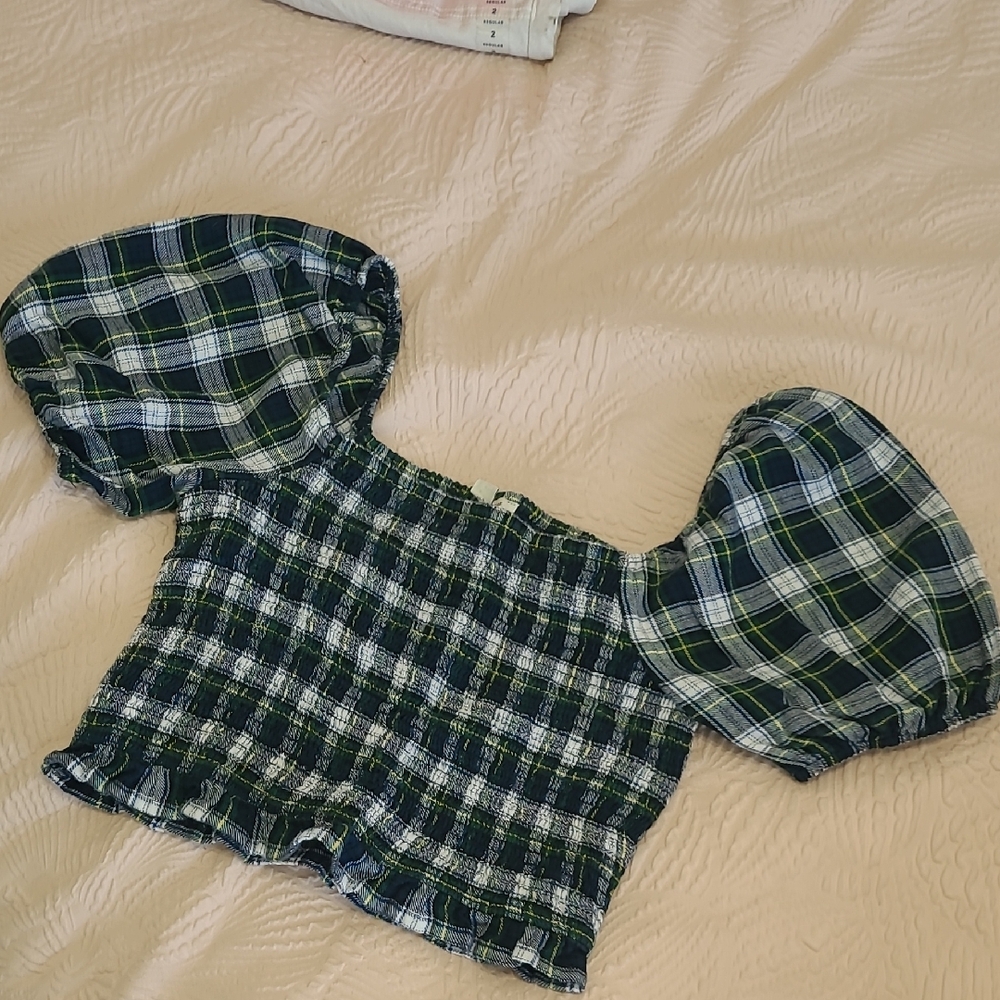 Plaid Puff Sleeve Womens/juniors Top
